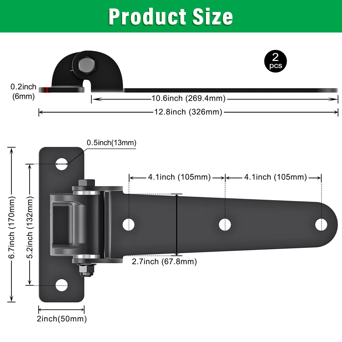 Heavy Duty Gate Hinges for Farm & Driveway Gates, 2 Pack