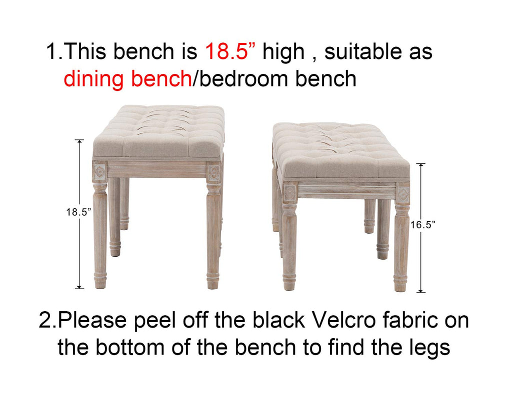 45.3" Upholstered Dining Room Bench, Rustic Living Room Ottoman Bench with Carved Pattern & Rustic White Brushed