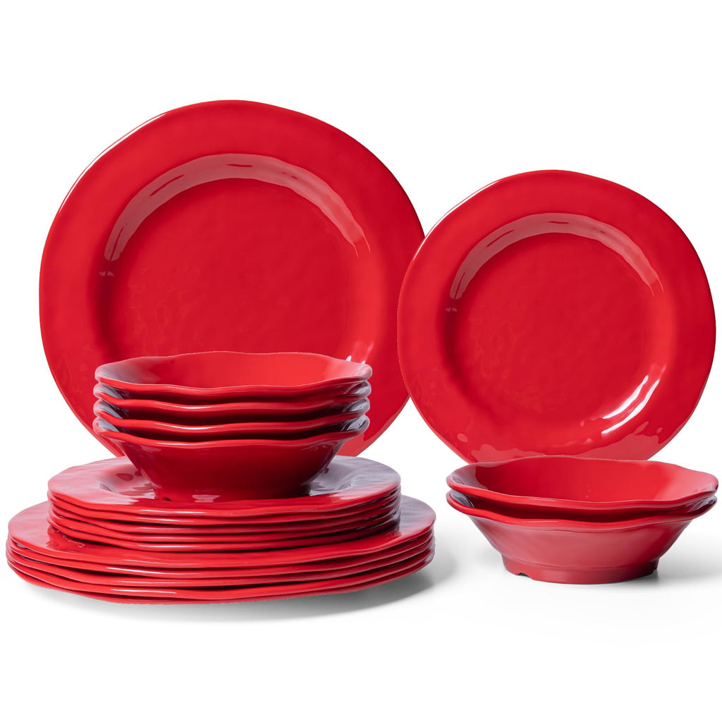 Red Melamine Dinnerware Sets, 18-Piece Melamine Dishes Set, Lightweight and Chip Resistant, Durable Plates and Bowls