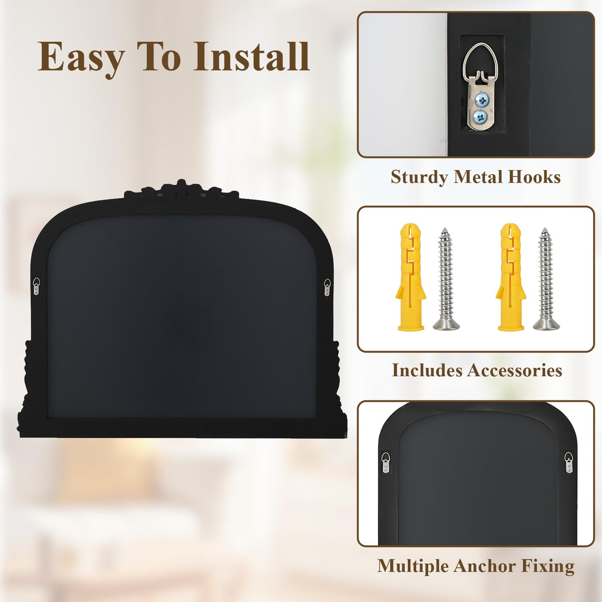 Wall Beaded Mirror, 36 x 27 Inch Round Top Right Angle Wall Mirror, Tempered Glass, Rust Resistant, Horizontally or