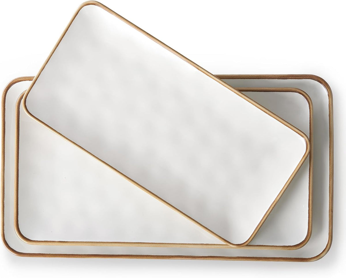 Ceramic Rectangle Serving Platter with Brown Rim: 15.6/14.1/12.6 Inch Large Serving Dishes for Entertaining Party