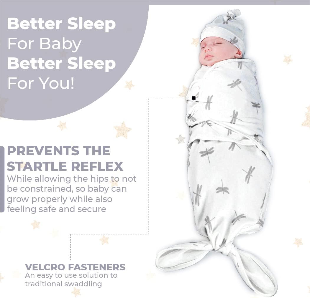 Organic Knotted Tie Bottom Adjustable Velcro Swaddle and Hat Set of 3, Newborn Sleep Sack (0-3m, 7-14lbs Grey)