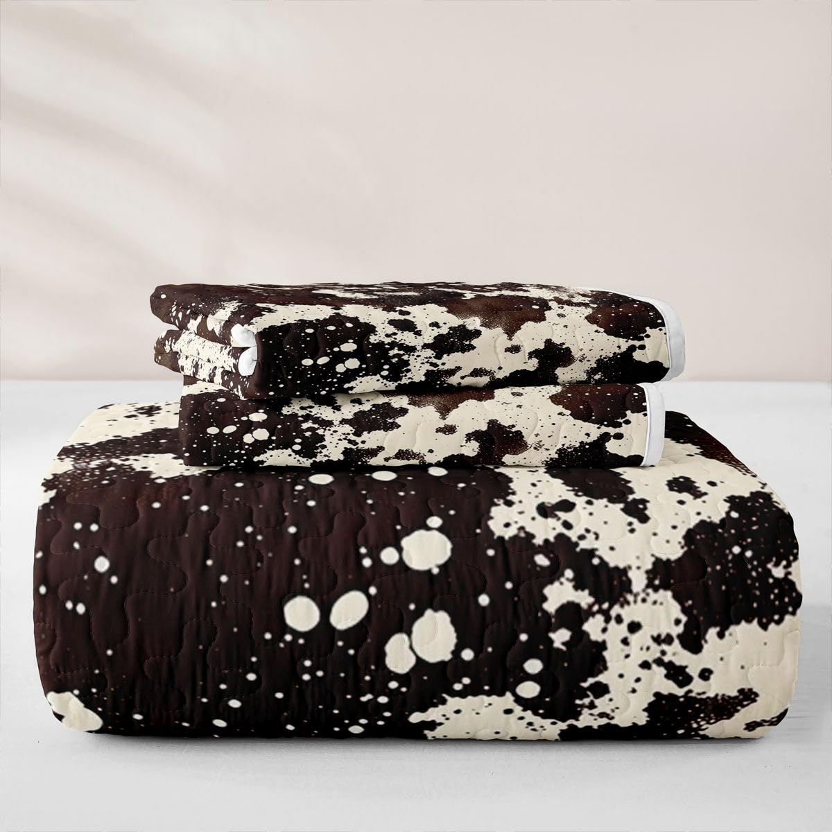 Brown Cowhide Print Quilt Bedding Set Simulated Cow Fur Print Lightweight Quilt Set Rustic Farmhouse Coverlet