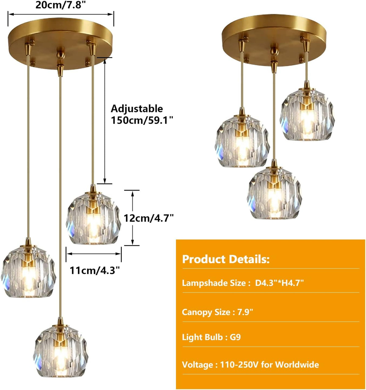 3-Light Cluster Pendant Lighting Crystal Chandelier Gold Hanging Pendant Light Fixture Mid Century Modern Multi Light Pendant Lighting for Dining Room Kitchen Island Bedroom