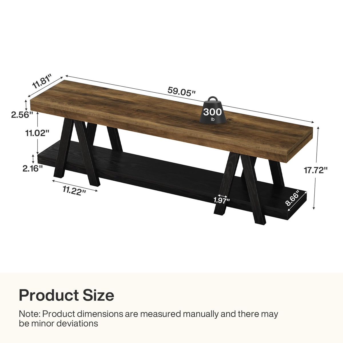 59.06-Inch Entryway Bench with Shoe Storage, Narrow Long 2-Tier End of Bed Bench with Open Shelves, Rustic Brown &