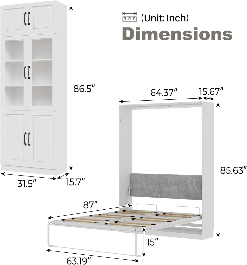 Farmhouse Murphy Bed Queen, 85" Wall Bed Folds to Save Space, Concealed Bed Frame with 2 Glass Storage Cabinets and Wall Mounted Features for Apartment/Office/Guest Room