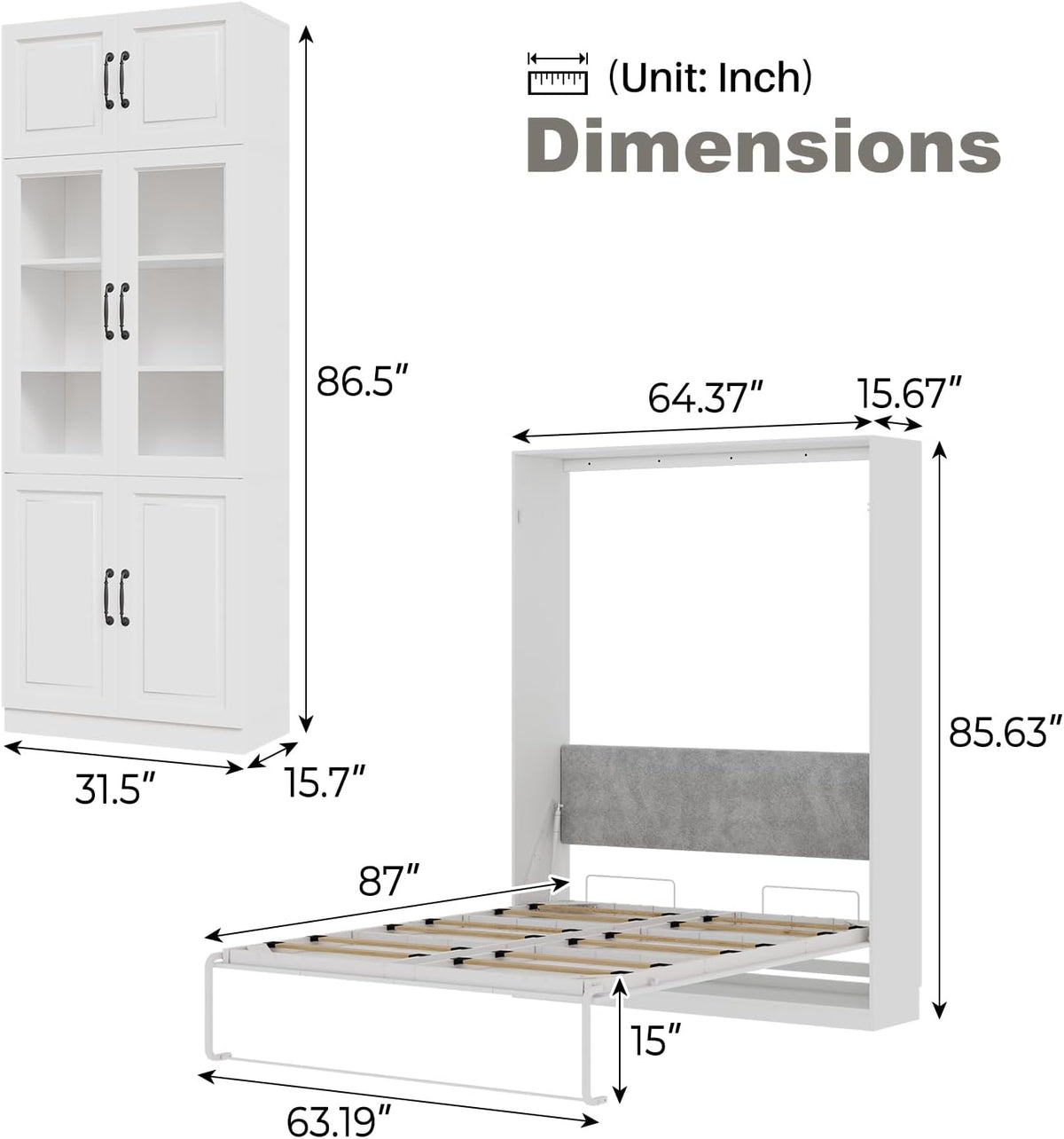 Farmhouse Murphy Bed Queen, 85" Wall Bed Folds to Save Space, Concealed Bed Frame with 2 Glass Storage Cabinets and Wall Mounted Features for Apartment/Office/Guest Room