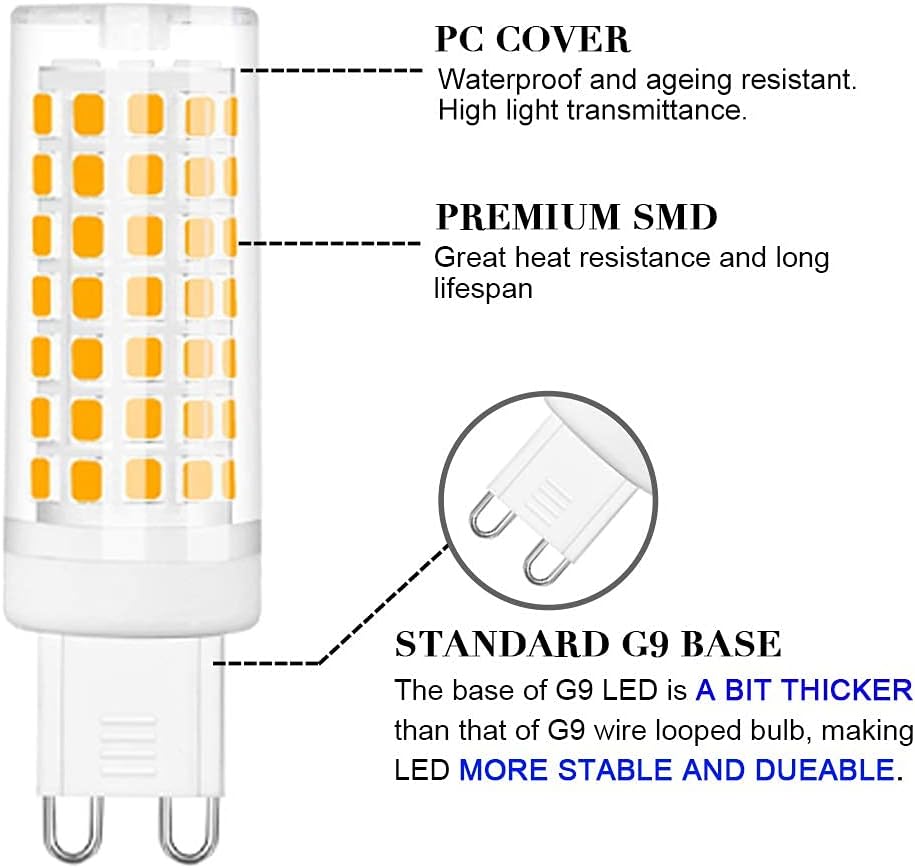 G9 LED Bulb 6W, 60W G9 Halogen Bulb Replacement, 540LM, Warm White 3000K, AC110-130V G9 Base Non-Dimmable Light