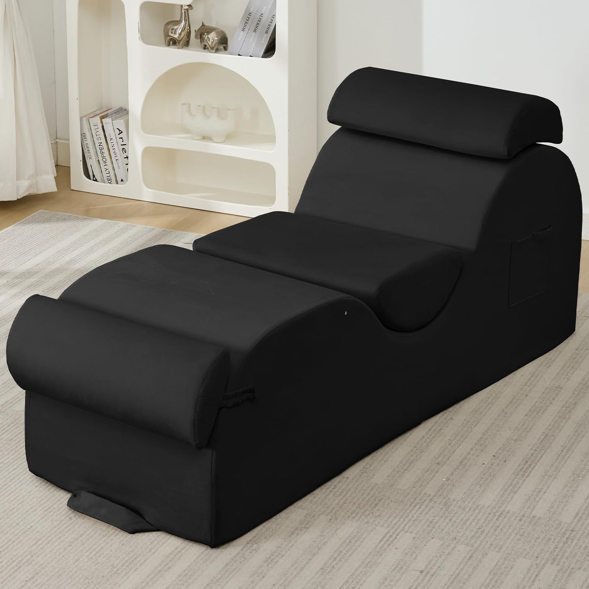 25" Velvet Lounge Chair with Lumbar Support & Side Pockets - Black