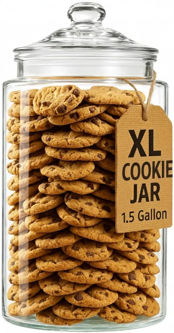 1.5 Gallon Glass Cookie Jar - Tall Food Storage Container with Airtight Lid - Large Kitchen Canister for Sugar