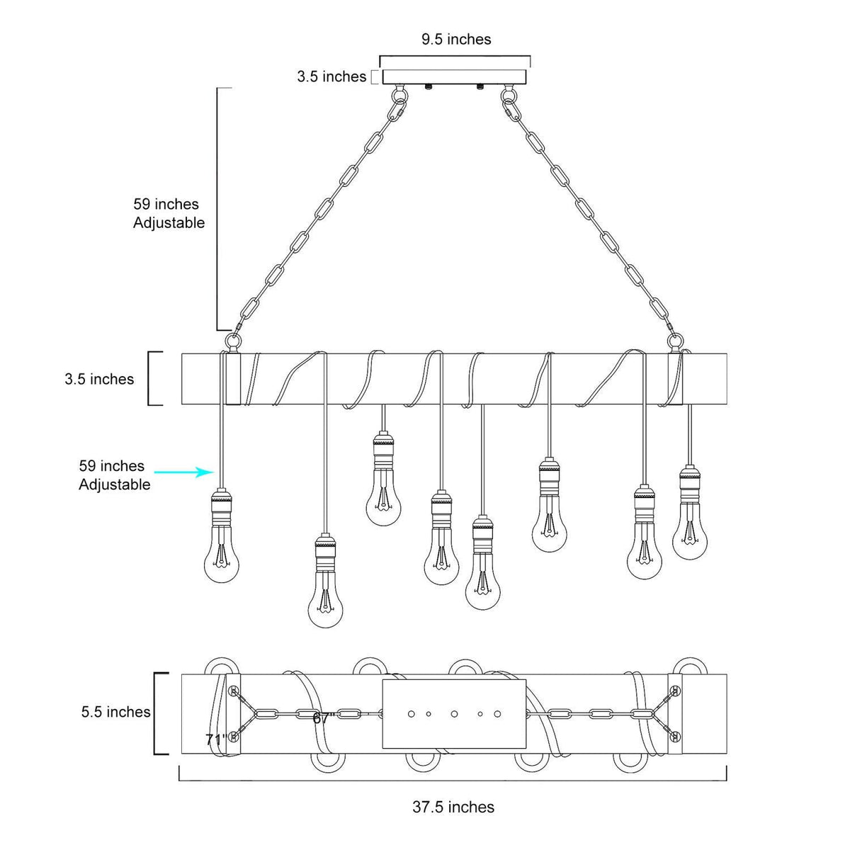 8-Light Wood Farmhouse Rectangular Chandelier