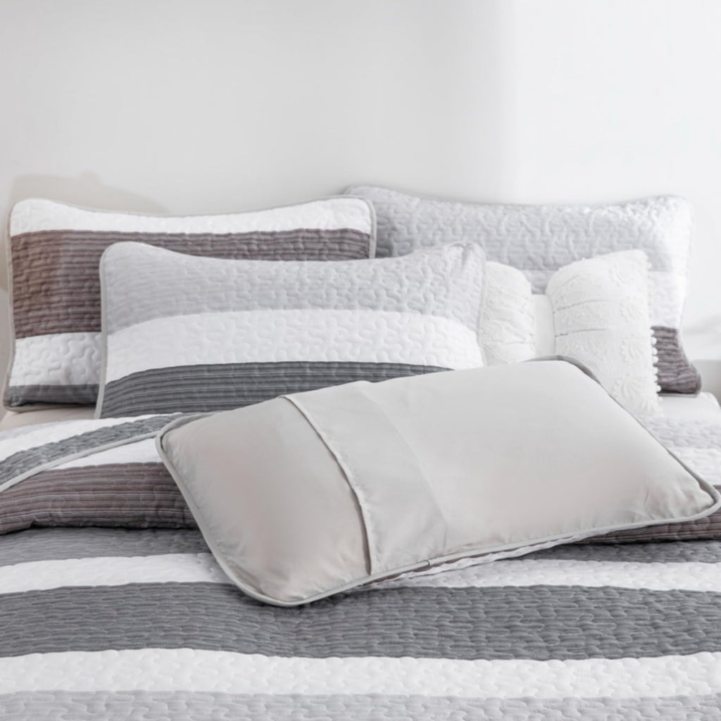 Classic Striped Quilt Set Grey White Brown Horizontal Stripe Bedding