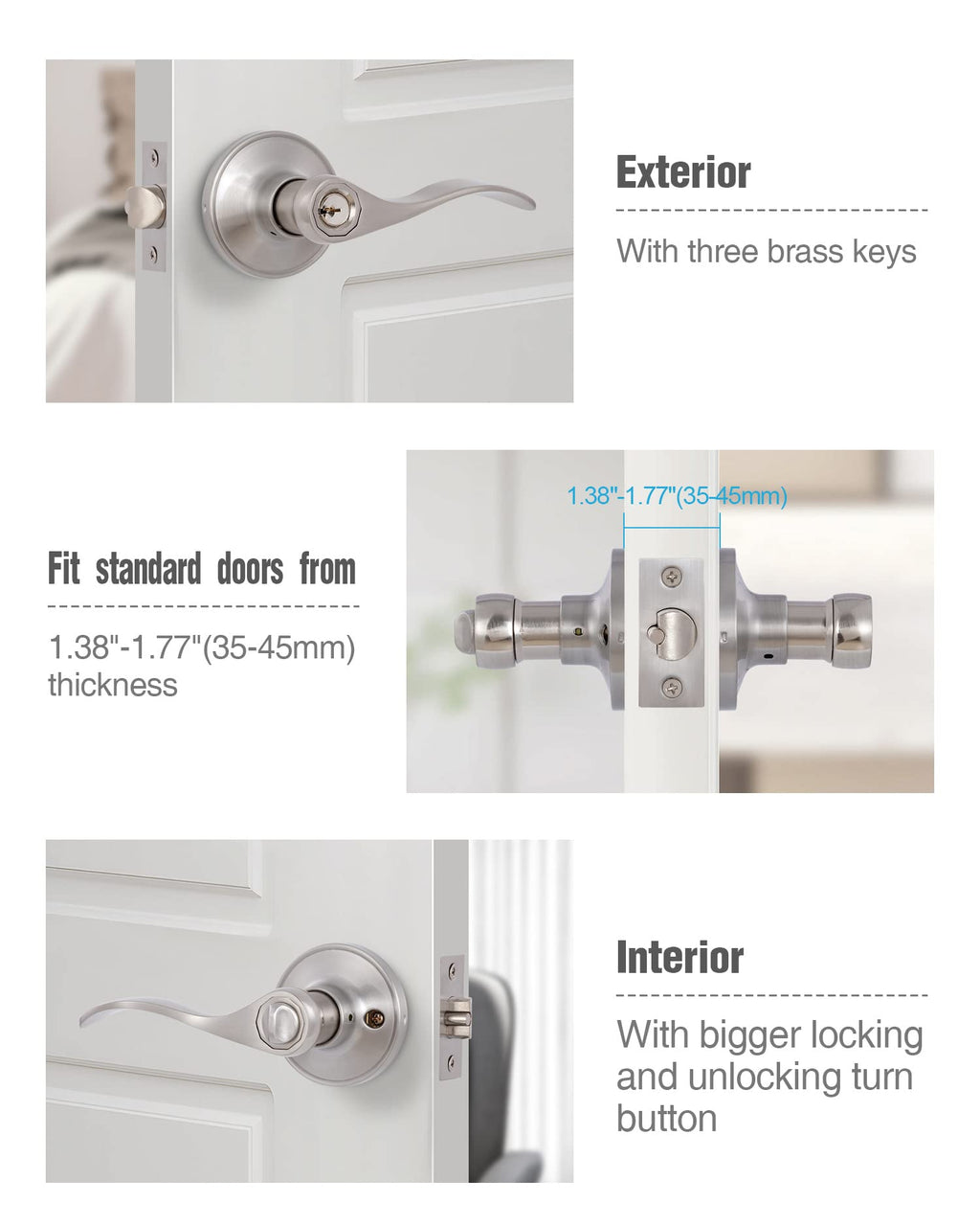 2 Pack Door Levers Interior Keyed Difference Entry Front/Bedroom Door Handles for Left and Right Opened Door with
