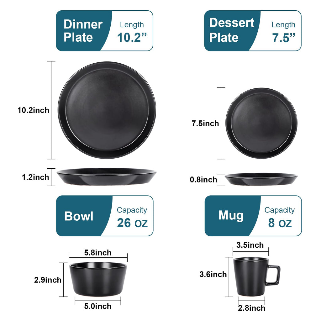 Plates and Bowls Sets, 16 Pieces Dinnerware Sets, Service For 4, Black