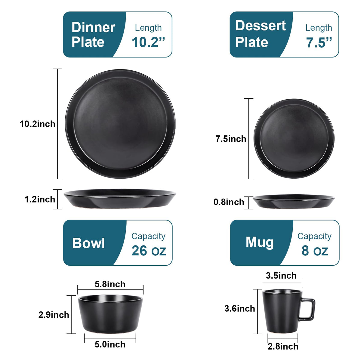 Plates and Bowls Sets, 16 Pieces Dinnerware Sets, Service For 4, Black