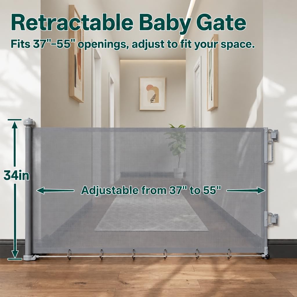 37-55" Retractable Baby Gates for Stairs & Doorways, Gray
