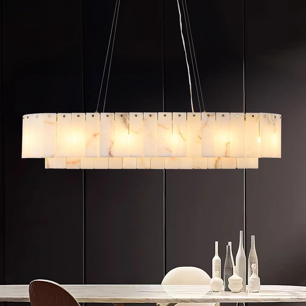 Inspired Alabaster Style L40in Alabaster Rectangular Chandelier for Dining Room, Modern White Marble Oval Chandeliers for Kitchen Island, Rectangle Chandelier for Dining Table (Dimmable Bulbs Included)