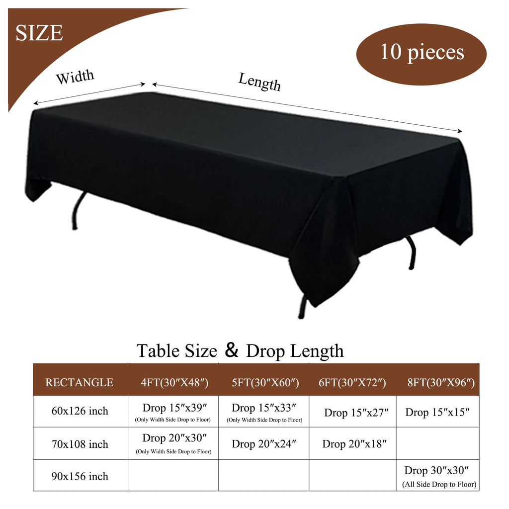 10Pack Black Tablecloths for 8 Foot Rectangle Tables 60 x 126 Inch