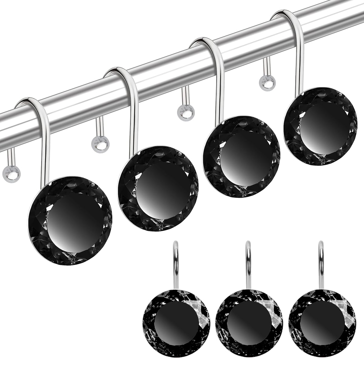 24PCS Shower Curtain Hooks Rings, Round Stainless Steel Rust Proof Crystal Rhinestones Bling Shower Curtain Rings