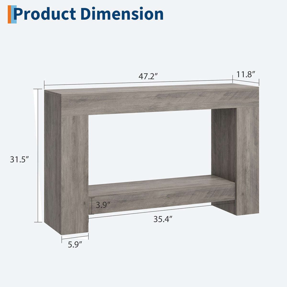 47" Farmhouse 2-Tier Console Table, Grey