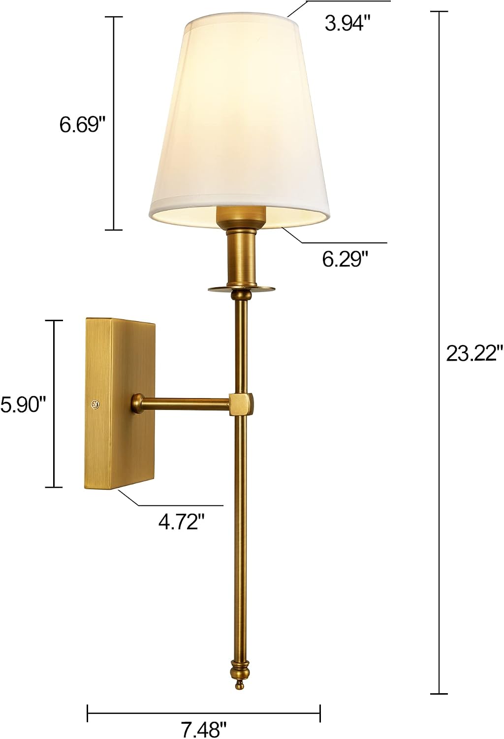 Slim Antique Brass Wall Sconces Set of 2 with White Fabric Shades