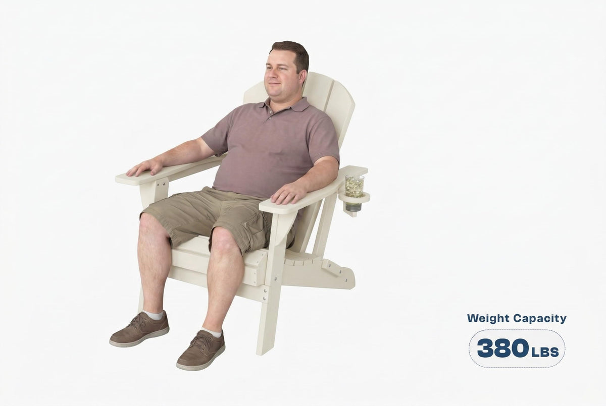 Folding Adirondack Chair with Cup Holder and Phone Holder, Heavy Duty HDPE Plastic Outdoor Lounger, All-Weather