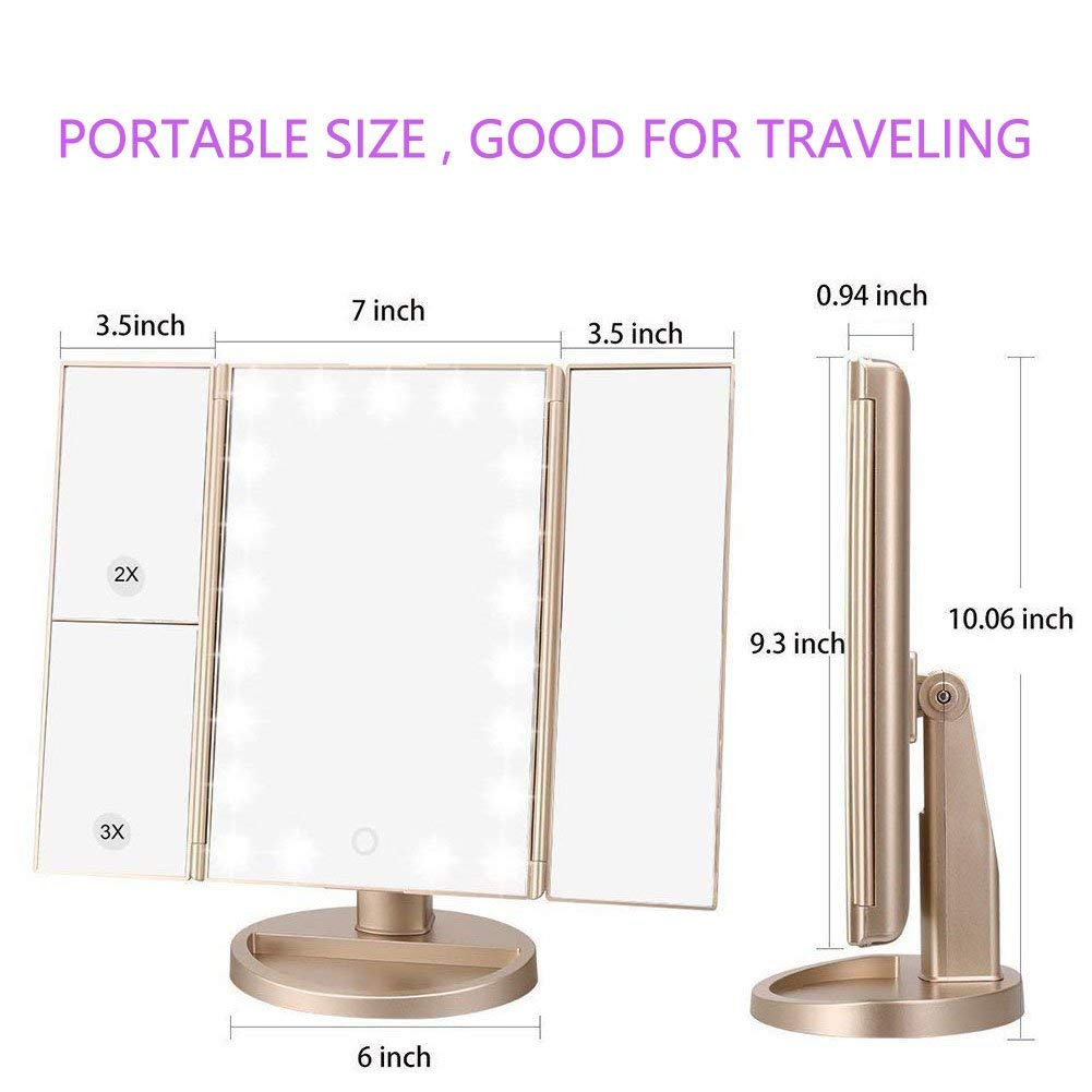 Floor Mount Tri-Fold Lighted Vanity Mirror with 21 LED Lights, Touch Screen and 3X/2X/1X Magnification, Two Power