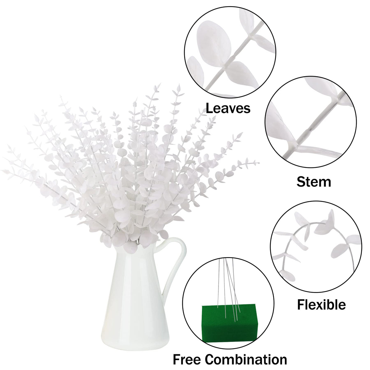 72 Pcs White Artificial Eucalyptus Stems 15" Faux Eucalyptus Branches