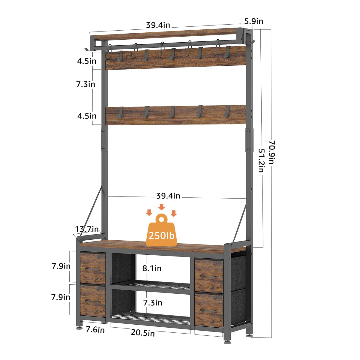 39" Hall Tree with Storage Coat Rack freestanding Entryway Furniture Bench, 5 in 1 Design Front Door Shoe Rack and