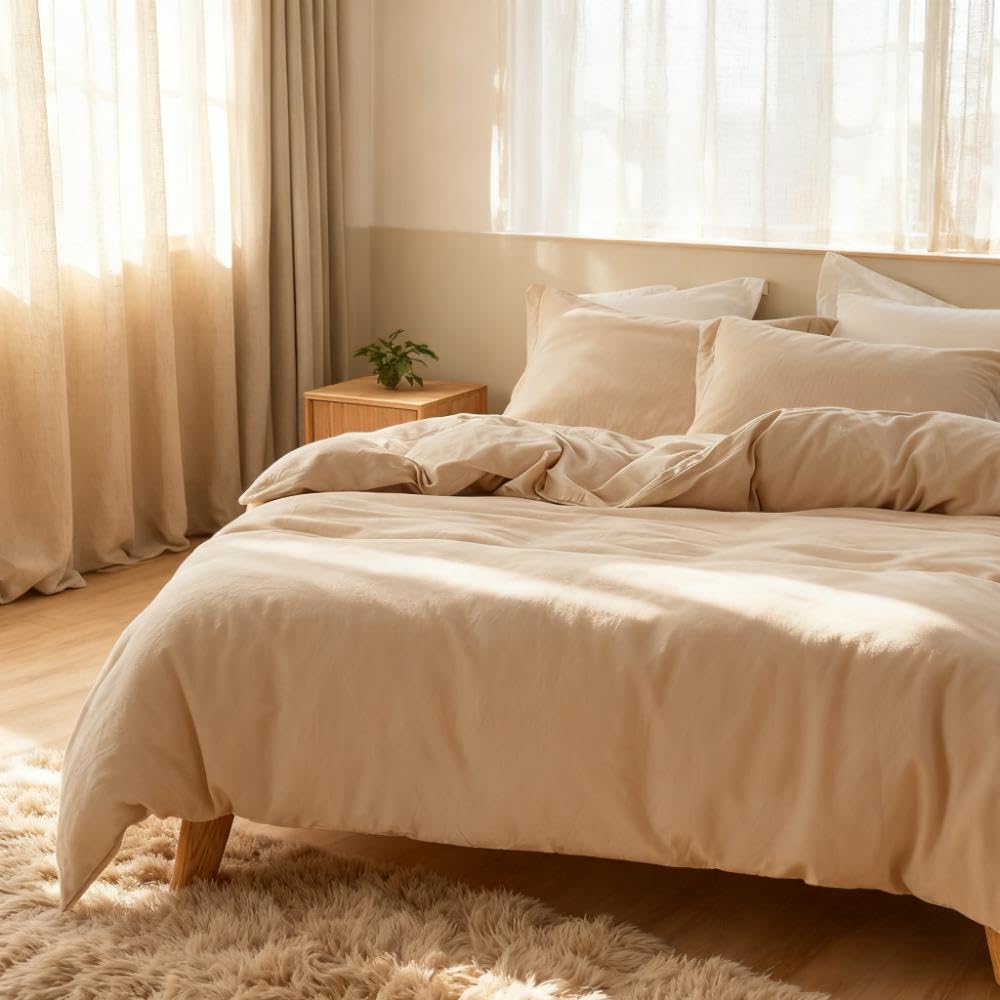 French Linen Duvet Cover Set- 104"x 92" - 3 Pieces (1 Comforter Cover, 2 Pillowcases)-Natural Flax Cotton Blend-Solid