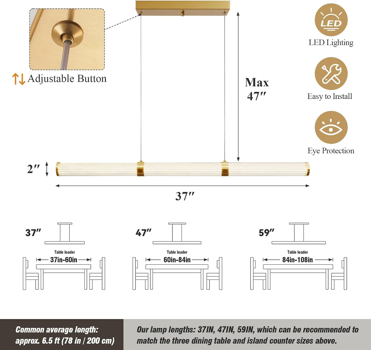 Modern Linear Chandelier Gold Linear Pendant Light Fixture, LED Dimmable Island Chandelier for Kitchen Island