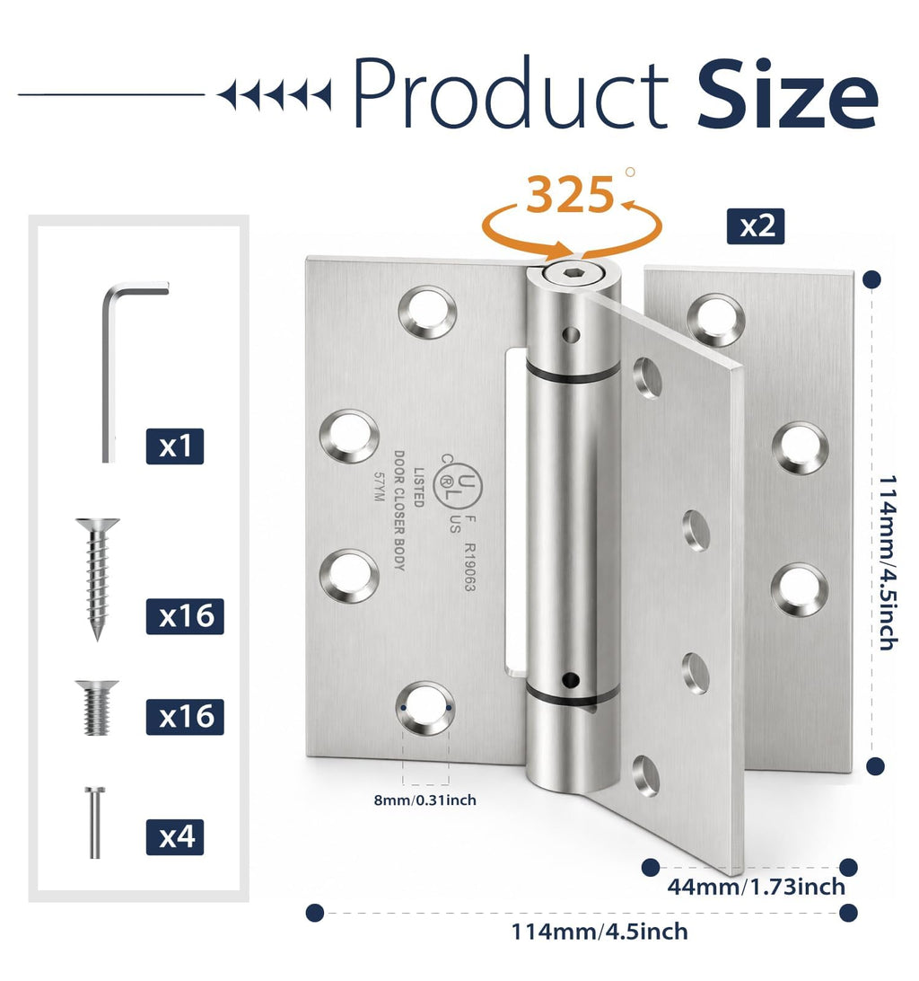 2-Pack 4.5 Inch Self Closing Door Hinges with Square Corners, Brushed Nickel