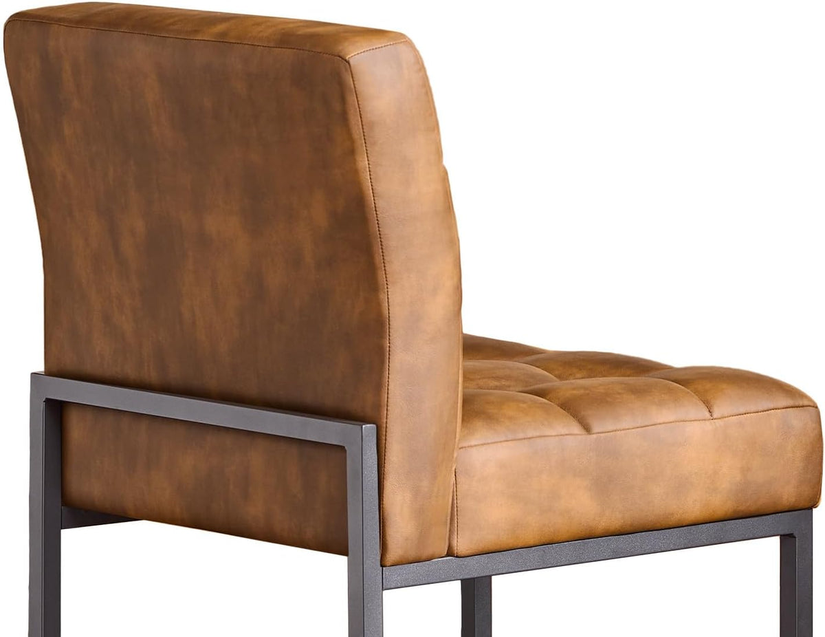 Faux Leather Dining Chairs Set of 2, Mid-Century Modern Armless Dining Room Chairs with Checkered Upholstery and Metal Legs, Coffee