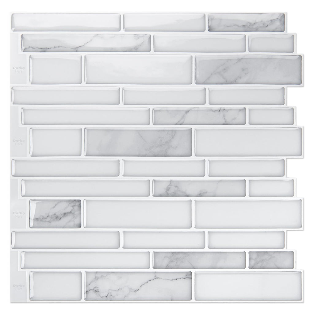 Stone Peel and Stick Backsplash, 10-Sheet, 12" x 12", White Marble
