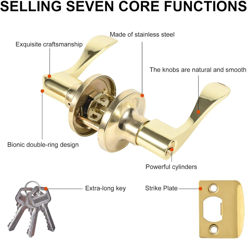 2 Pack Door Lever with Lock and Key, Gold Door Handle