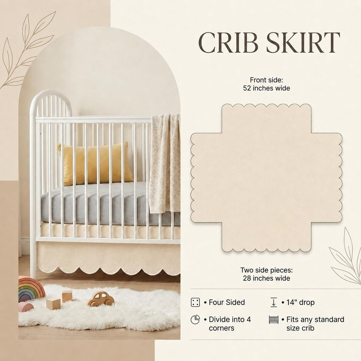 28 x 52 Oatmeal Beige Crib Skirt 14 Inch Drop, Scalloped Crib Bed Skirt