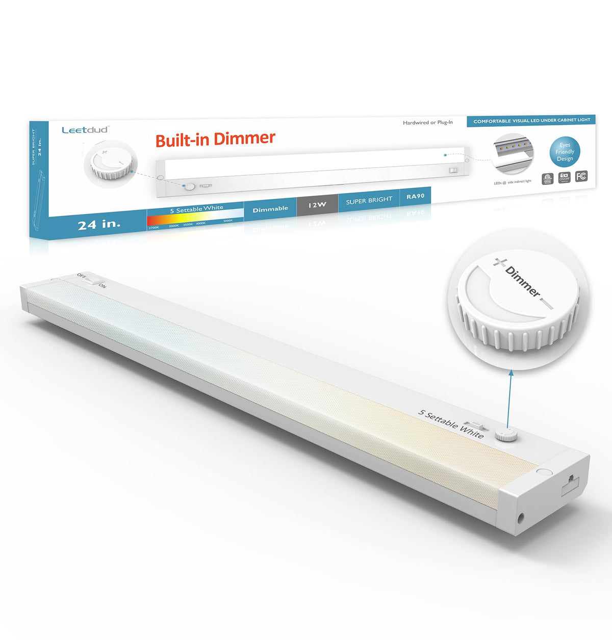 Under Cabinet Lighting Plug in or Hardwired Built-in Dimmer, 24 Inch 12W, 5CCT 2700/3000/3500/4000/5000K, Linkable