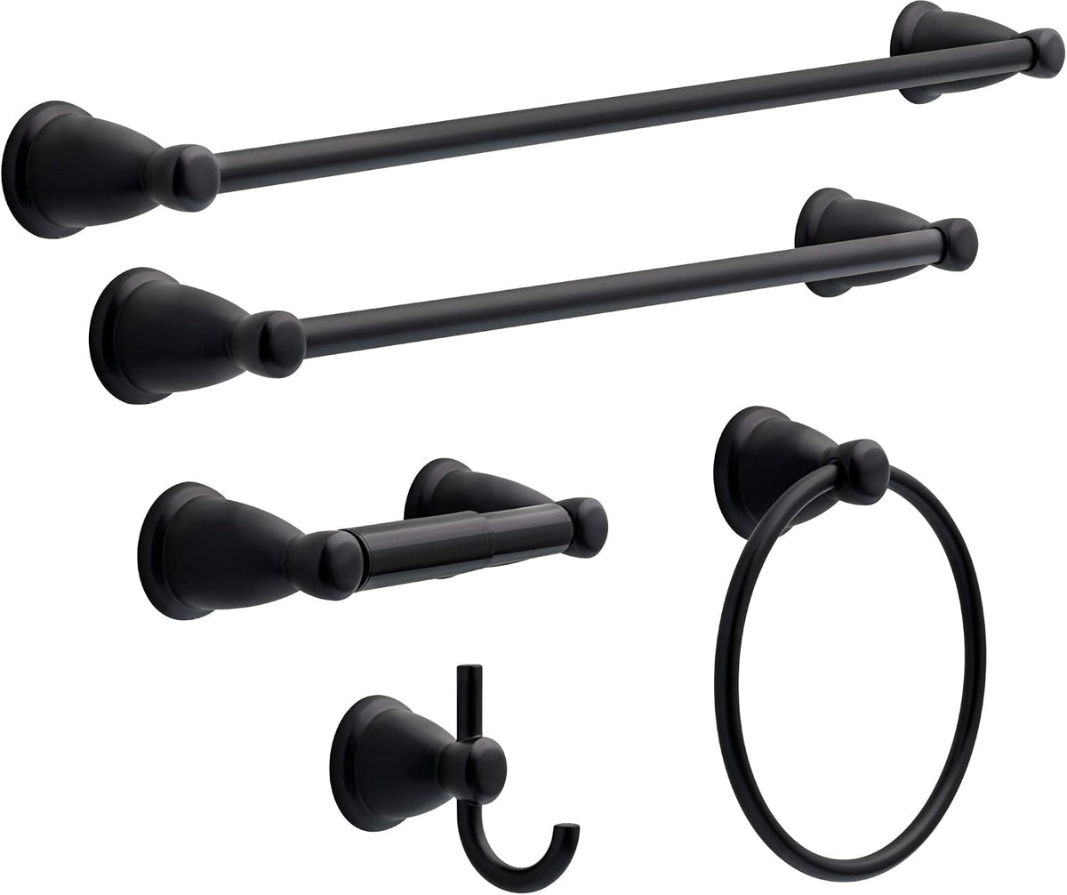 5-Piece Matte Black Bathroom Set (2) Towel Racks, Ring, Toilet Paper Holder, Hook | Kinla Bath Accessories