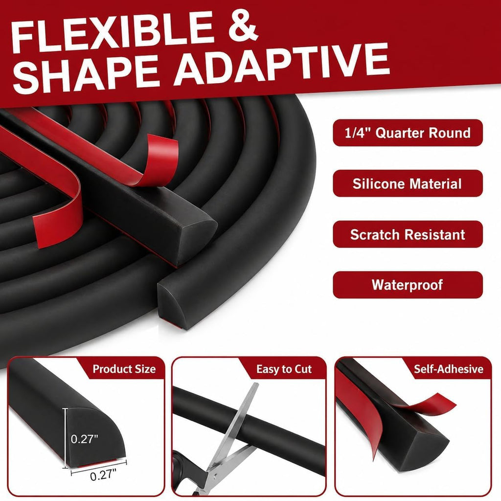 0.25" x 0.25" Mini Quarter Round Molding,10FT Self Adhesive Flexible Trim for Small Gaps, Countertop Wall Seam