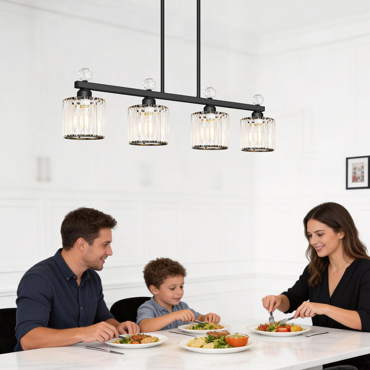 32" Crystal kitchen Island Lighting, 4-Light Black Linear Pendant Light