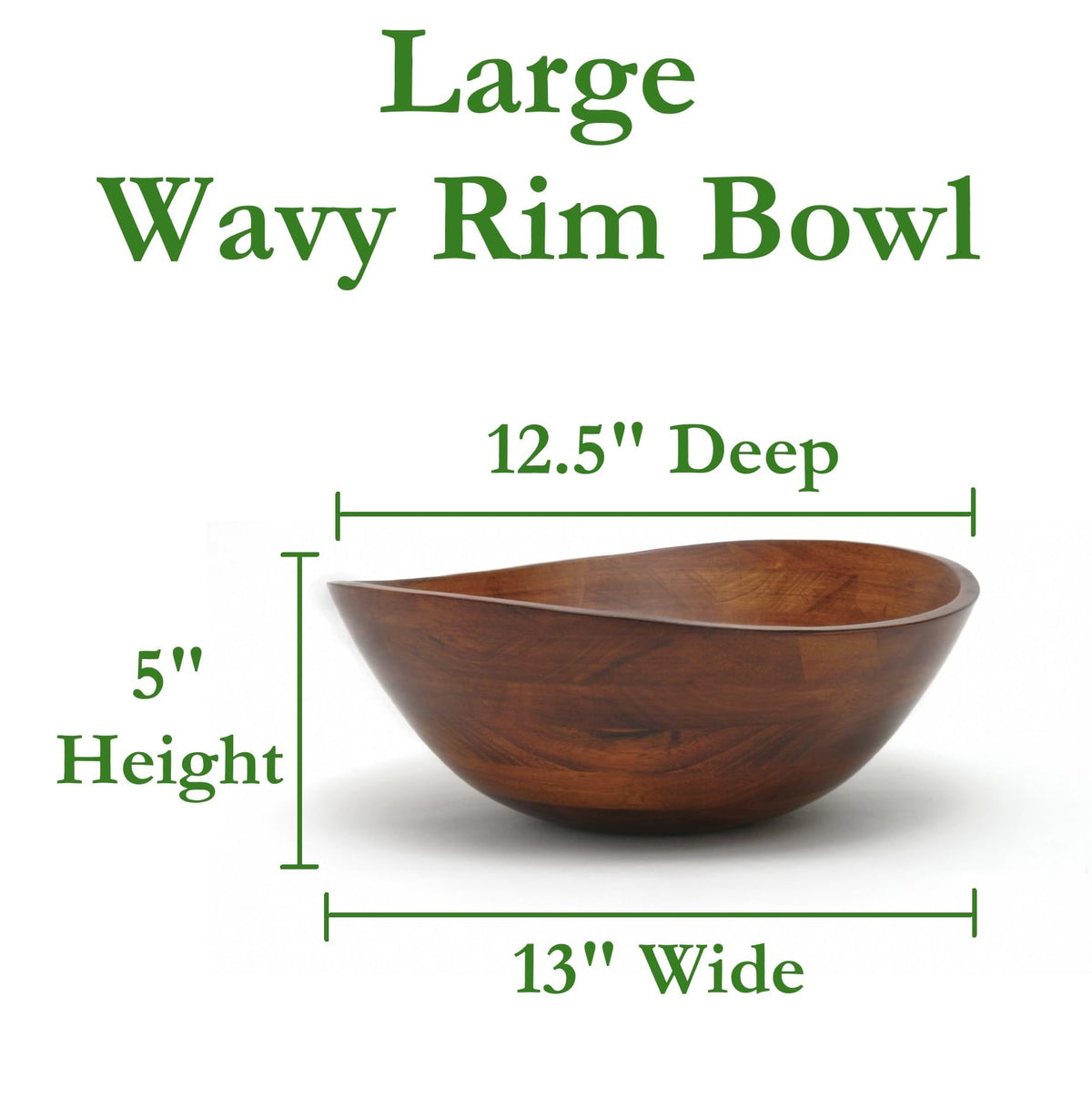 Rubberwood Wavy Rim Bowl with Cherry Finish for Fruits, Salads, or Popcorn, Large, 13" x 12.5" x 5", 155.54 Fl. Oz.