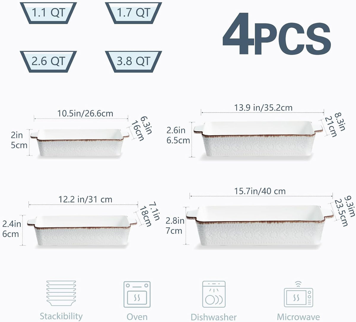 Casserole Dishes for Oven, Ceramic Dish Set of 4, Non-Stick Lasagna Pans with Handles, Rectangular Bakeware Set for