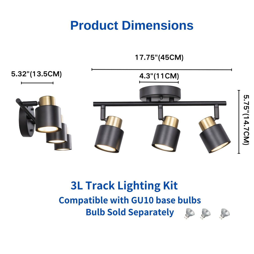 3 Light Track Lighting Kit, Matte Black Brass Finish 3 Way Adjustable with GU10 Modern Ceiling Directional Spot