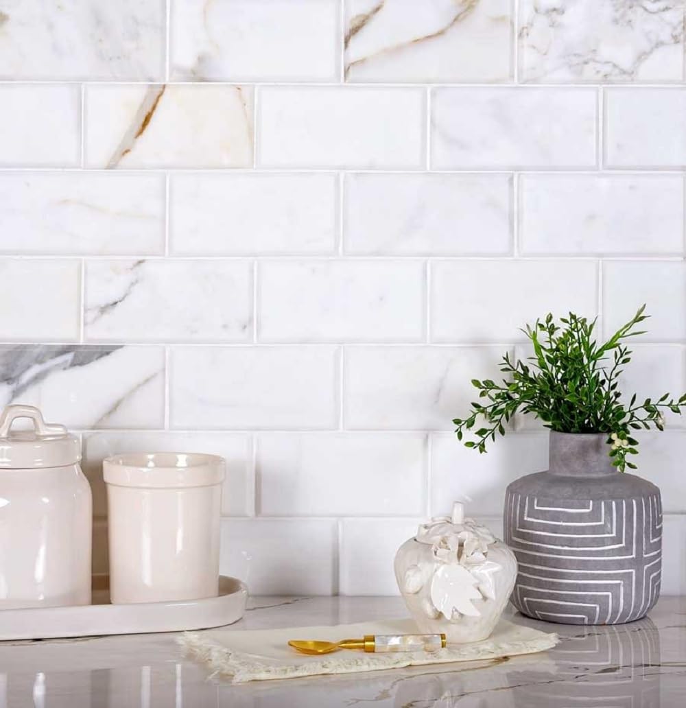 Beveled Subway Calacatta Marble Tile White 3x6 Polished 5 sq ft 40-Pack