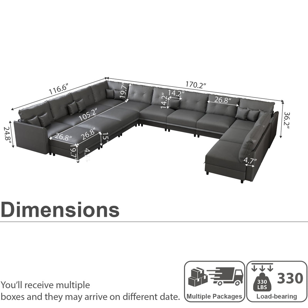 Faux Leather Oversized 14 Seats Sectional Sofa with Storage