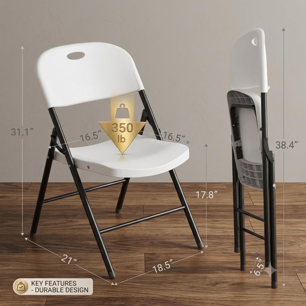 350 Weight Limit Heavy Duty Plastic Folding Chair with Reinforced Steel Frame for Indoor and Outdoor, Wedding, Party