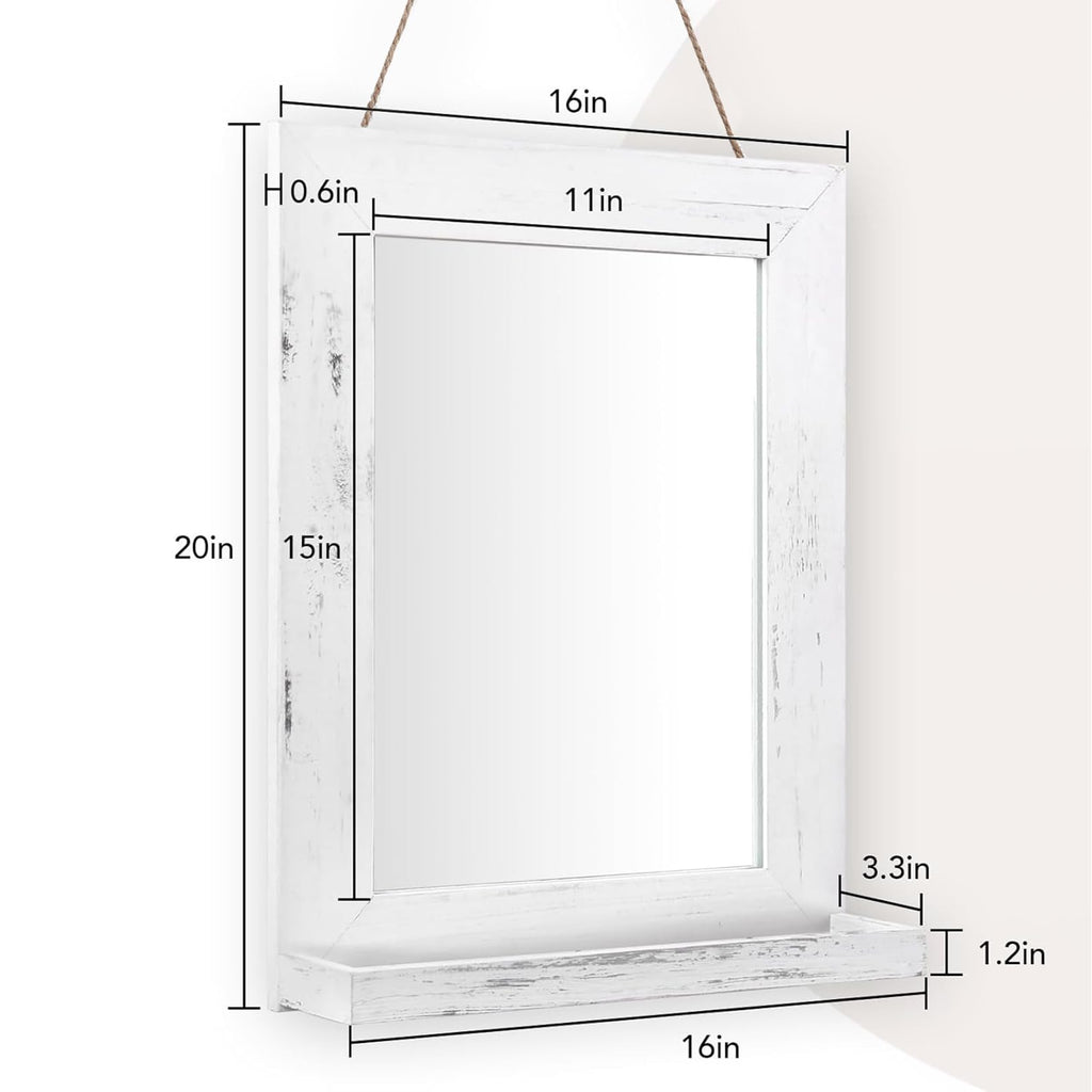 16" x 20" Farmhouse Wall Mirror with Shelf and Hemp Rope, White
