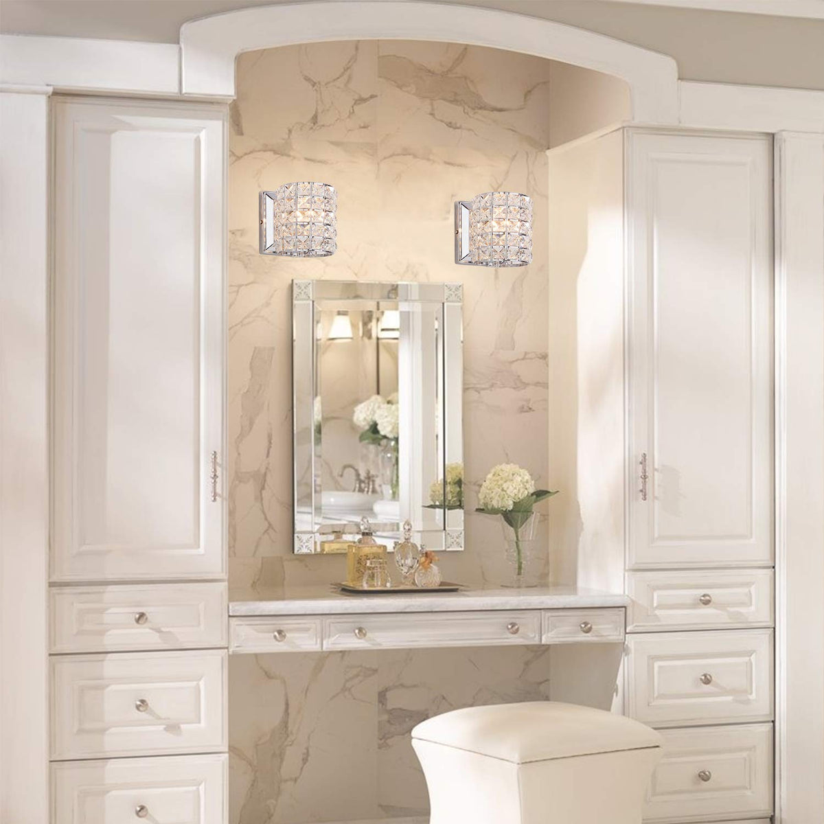 Modern Chrome Crystal Wall Sconces, Elegant Bathroom Vanity Wall Light Fixtures Bedroom Bathroom Hallway Entryway