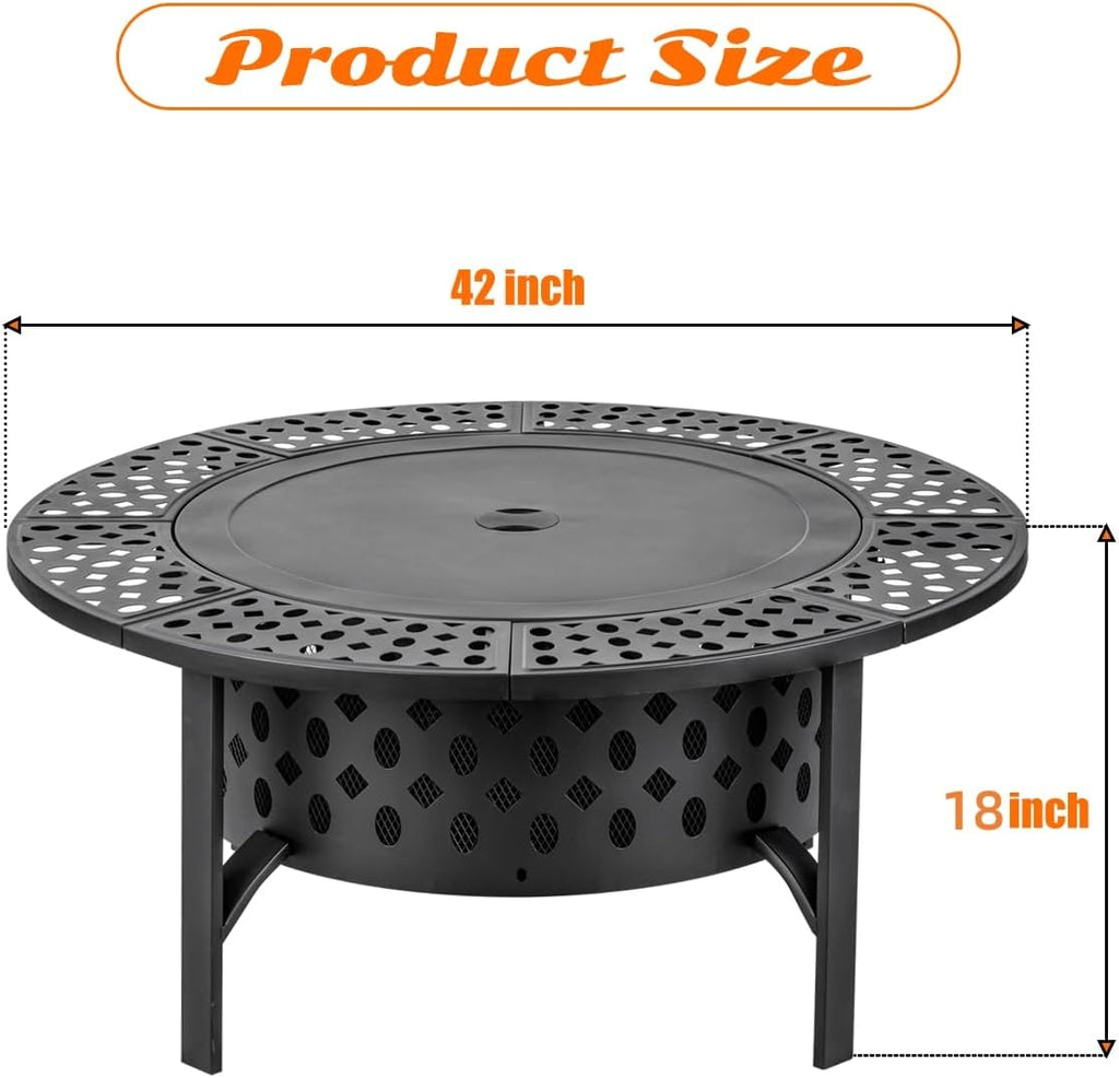 42 Inch Fire Pit with 2 Grills, Extra Large Wood Burning Fire Pits for Outside with Lid & Poker, Heavy Duty Firepit,BBQ& Outdoor Firepit & Round
