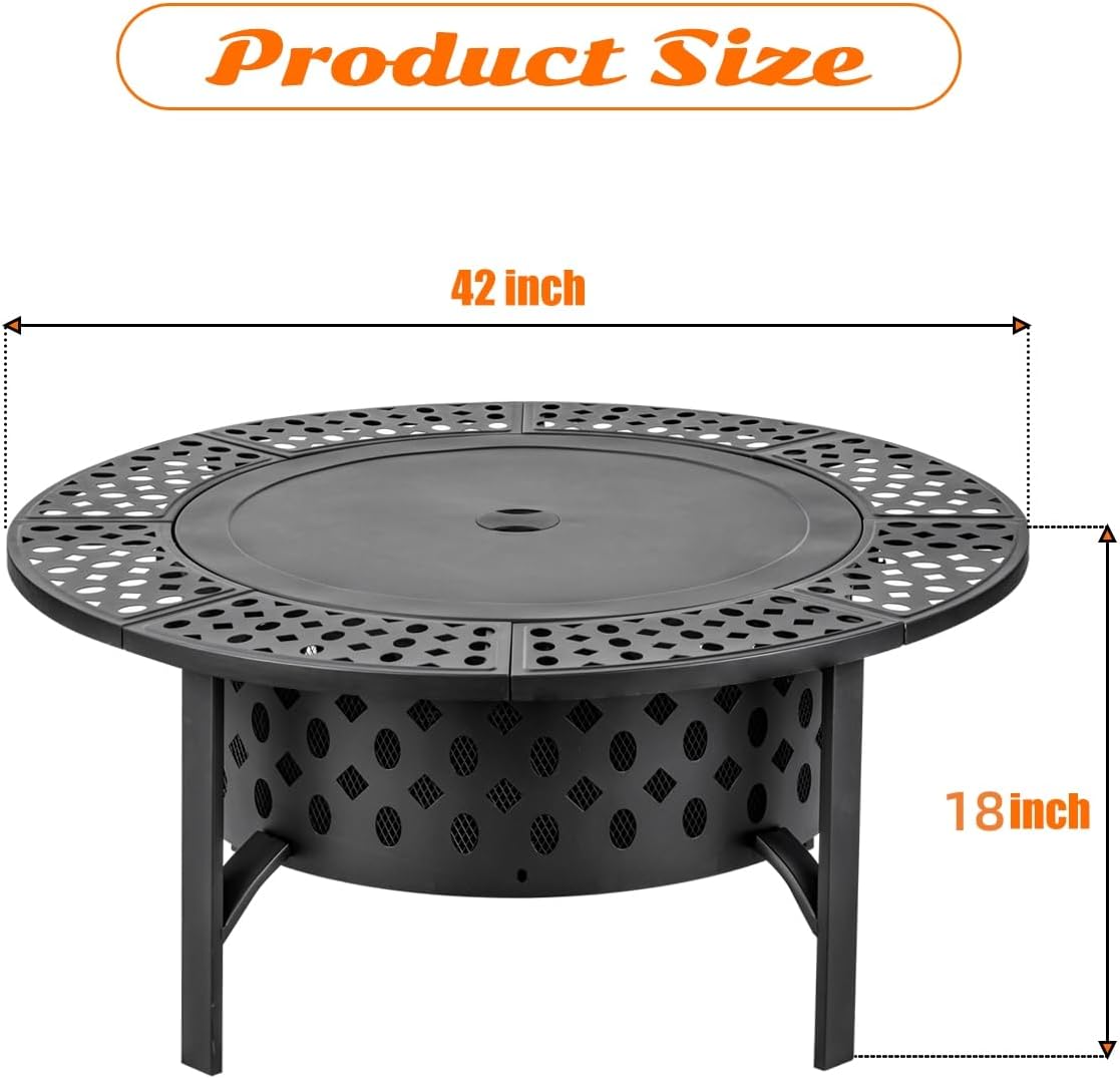 42 Inch Fire Pit with 2 Grills, Extra Large Wood Burning Fire Pits for Outside with Lid & Poker, Heavy Duty Firepit,BBQ& Outdoor Firepit & Round